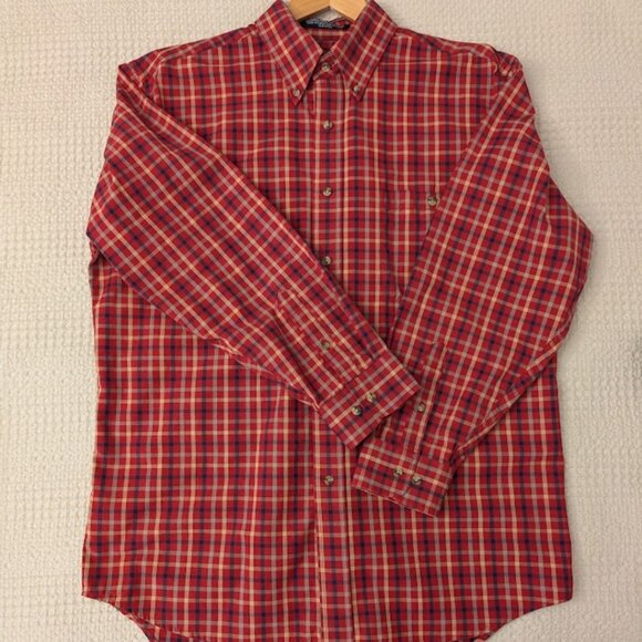 Red Plaid Button-Down Shirt Unisex Oversized Cotton Blend - Picture 6 of 13